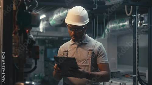 Wallpaper Mural Male technician worker wearing safety uniform and hard hat works using tablet computer. African American inspector checks pipeline system on modern factory, plant or industrial energy facility. Torontodigital.ca