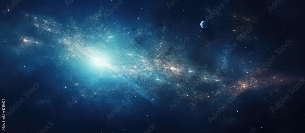 Cosmic scene with a constellation featuring a planet or nebula, surrounded by light in the universe.