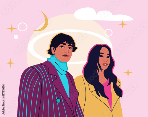 Couple in love. Young man and woman with dark hair, wearing trendy coats. Bright neon colours. Dreamy background.