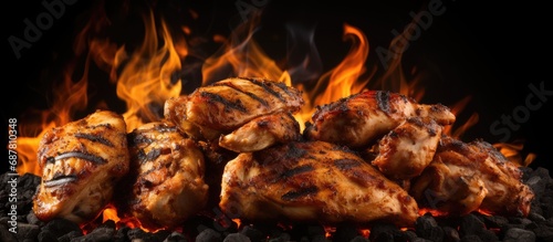 Grilled chicken parts with fire flames.