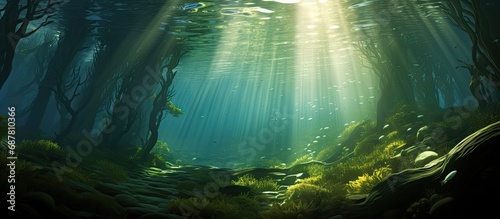 Clear water allows sunlight to filter through enormous underwater kelp, creating a stunning forest.