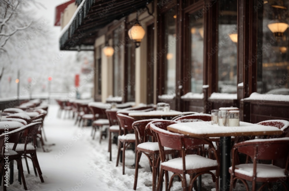 Snowy Outdoor Café Setting in Winter