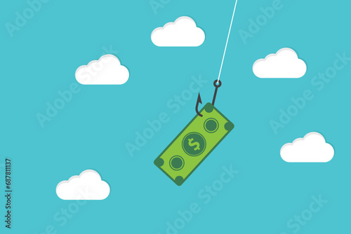 A paper banknote hanging on a hook, online scam, phishing activity