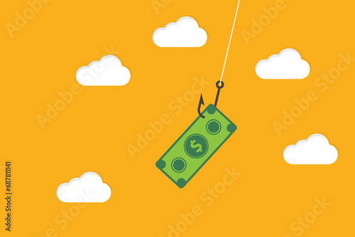 A paper banknote hanging on a hook, online scam, phishing activity