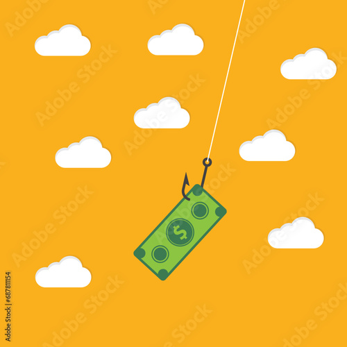 A paper banknote hanging on a hook, online scam, phishing activity