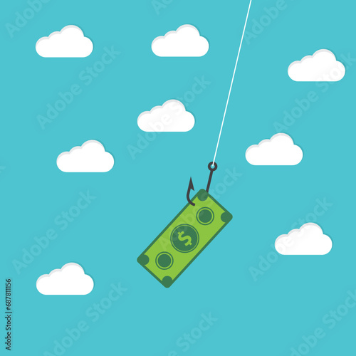 A paper banknote hanging on a hook, online scam, phishing activity