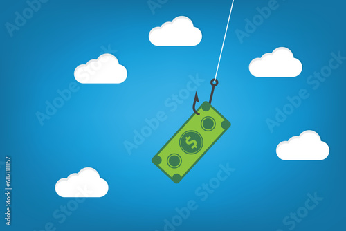 A paper banknote hanging on a hook, online scam, phishing activity