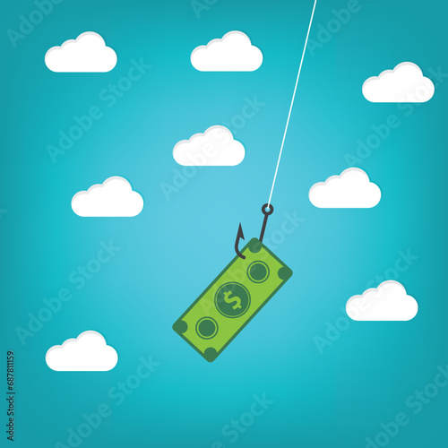 A paper banknote hanging on a hook, online scam, phishing activity