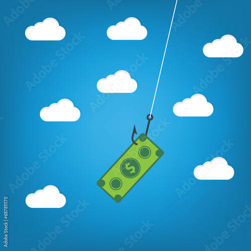 A paper banknote hanging on a hook, online scam, phishing activity