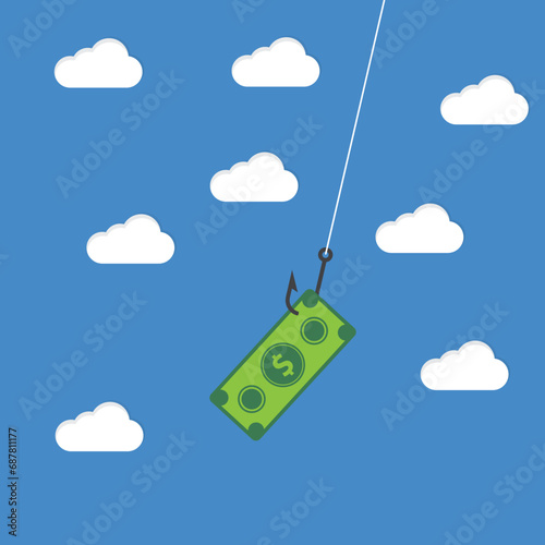 A paper banknote hanging on a hook, online scam, phishing activity