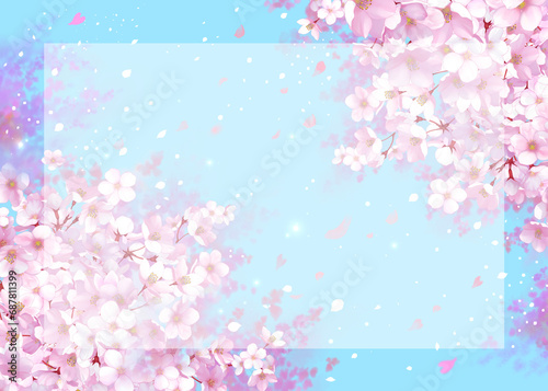 桜と青空の背景素材 枠 桜吹雪 お花見 入学 卒業 入園 卒園 入社 ひな祭り 雛祭り