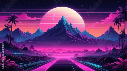 Retro 1980s-style background with palm trees, sun, and mountains. Futuristics Landscape