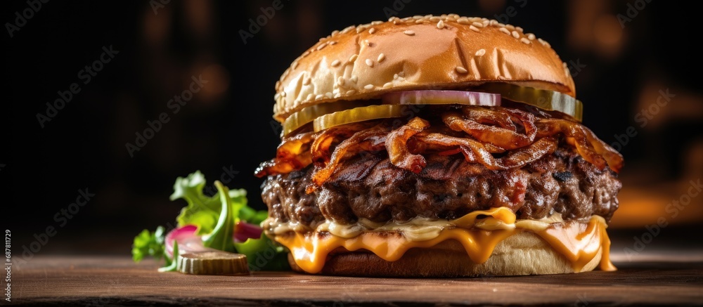 Caramelized onion cheeseburger on table.