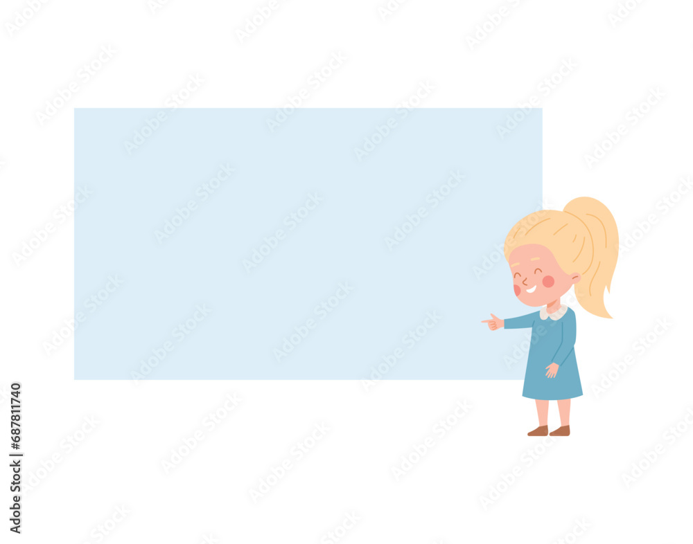Little girl point finger at empty space board. Little girl point finger at empty space board.