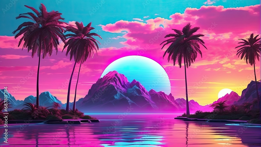 Retro 1980s-style background with palm trees, sun, and mountains. Futuristics Landscape