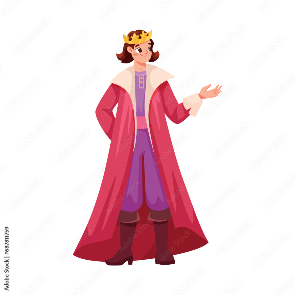 Man Prince Character in Golden Crown and Mantle as Good Fairytale Character Vector Illustration