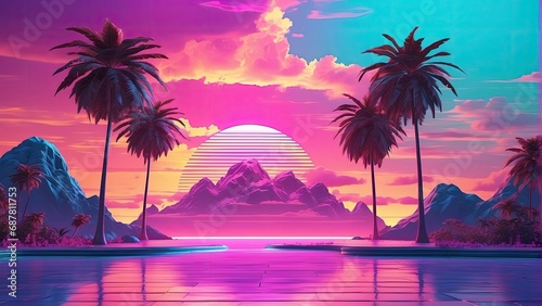 Retro 1980s-style background with palm trees  sun  and mountains. Futuristics Landscape