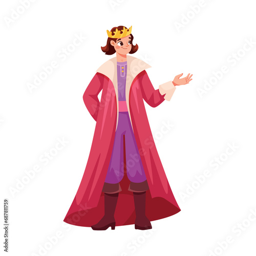 Man Prince Character in Golden Crown and Mantle as Good Fairytale Character Vector Illustration