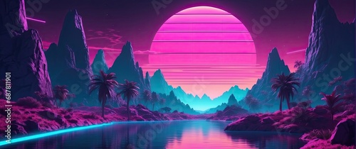 Retro 1980s-style background with palm trees, sun, and mountains. Futuristics Landscape photo
