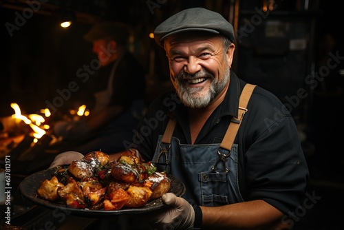 The miner cook holds a plate with fried meat in his hands.