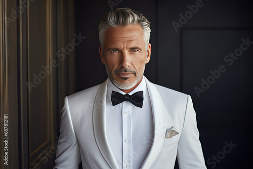 handsome senior man in white sut photo