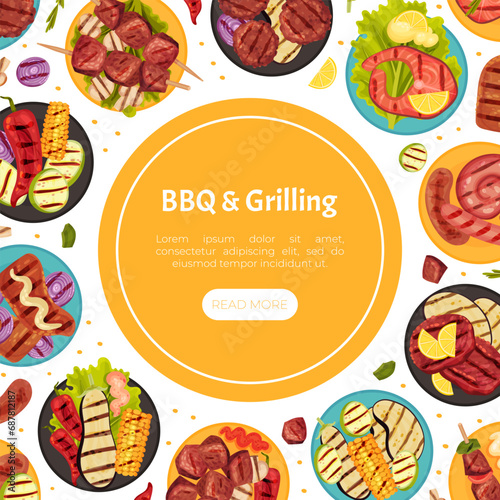 Fototapeta Naklejka Na Ścianę i Meble -  Grill Food Banner Design with Roasted Barbecue Meal Vector Template
