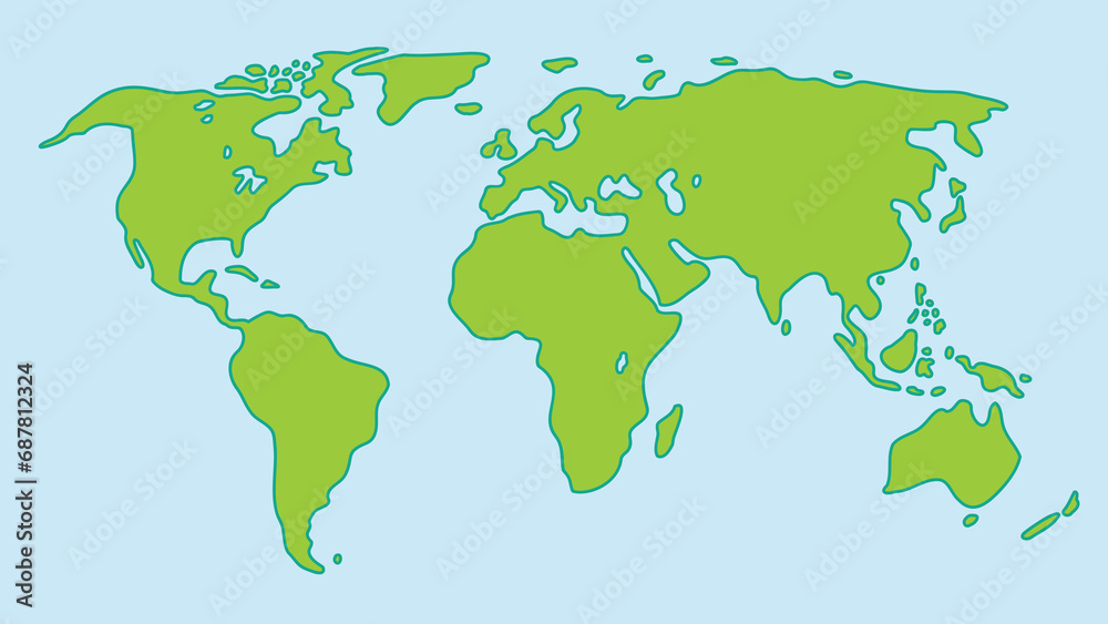 Easy Sketch Doodle style Robinson projection World map, green isolated on the light blue ocean background. Vector Illustration.