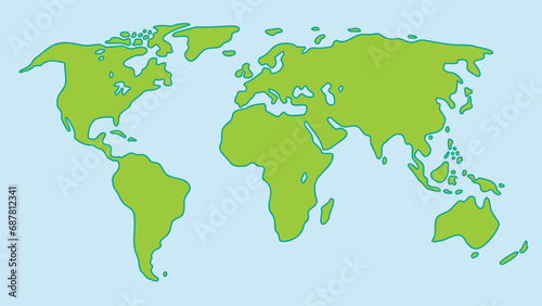 Easy Sketch Doodle style Robinson projection World map  green isolated on the light blue ocean background. Vector Illustration.