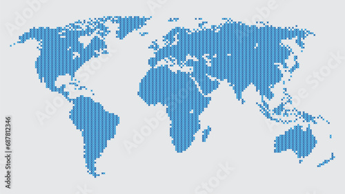 Cross stitch pattern arranged to form the Robinson projection World map, dark and light blue isolated on white background. Vector Illustration.