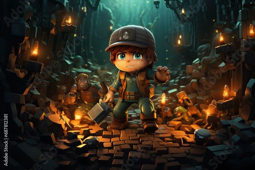 Illustration of a miner in a mine with lighting.