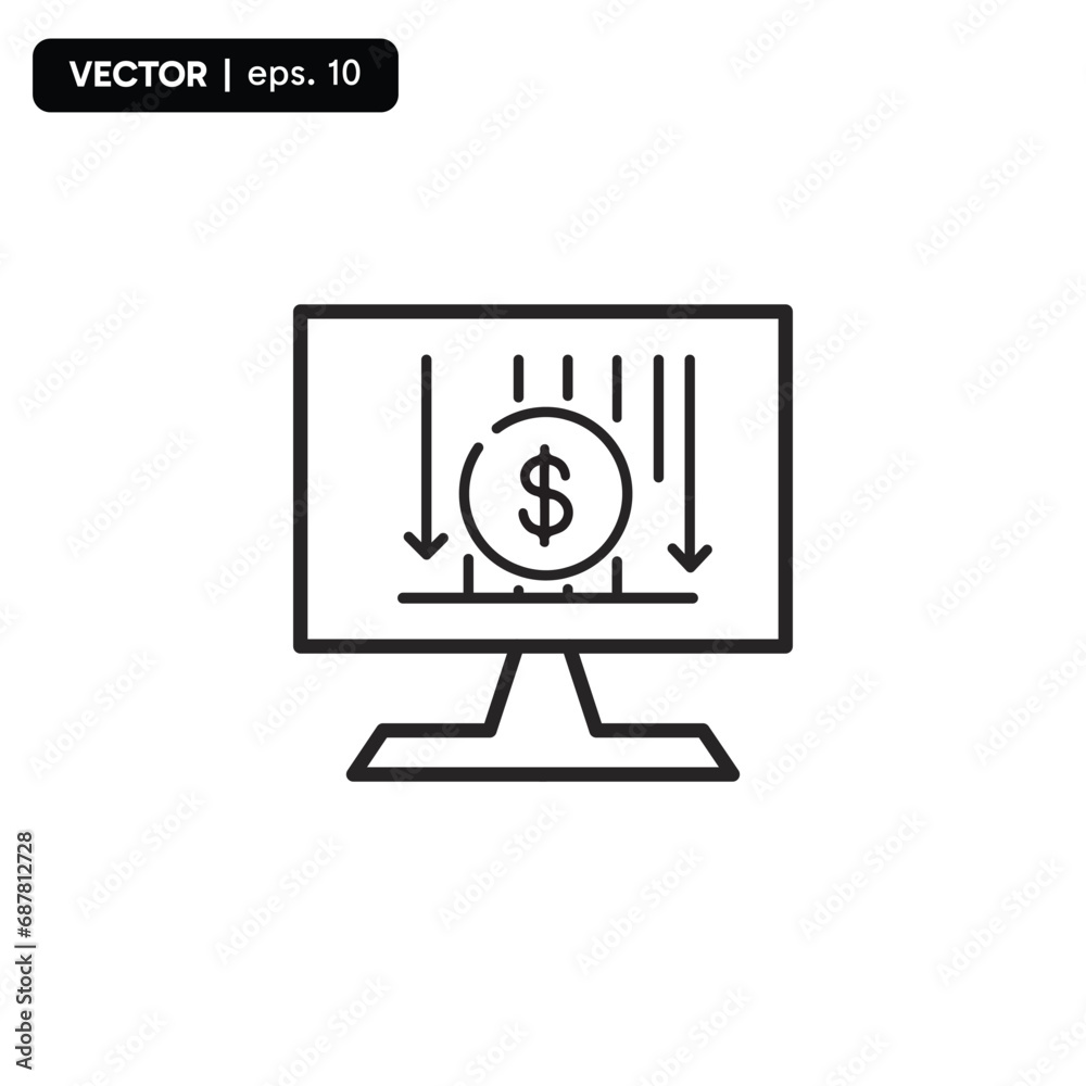 down investment icon, display on computer, investment icon, Vector line icon isolated on white background. Symbol of successful business financial investment down investment icon, display on computer, investment icon, Vector line icon isolated on white background. Symbol of successful business financial investment