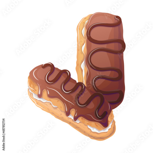 Chocolate eclairs in cartoon style. Vector illustration for poster, banner, website, advertisement. Vector illustration with colorful sweet dessert.