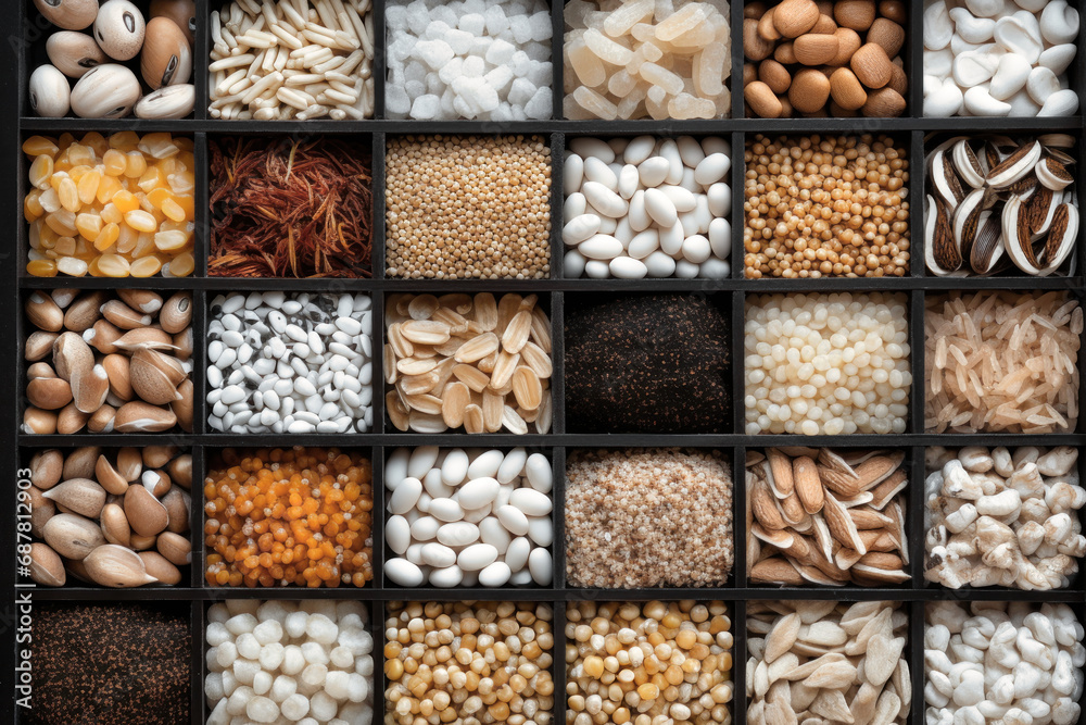 A set of various types of cereals and legumes. Concept of farming and grain expression. Close-up. Healthy eating.