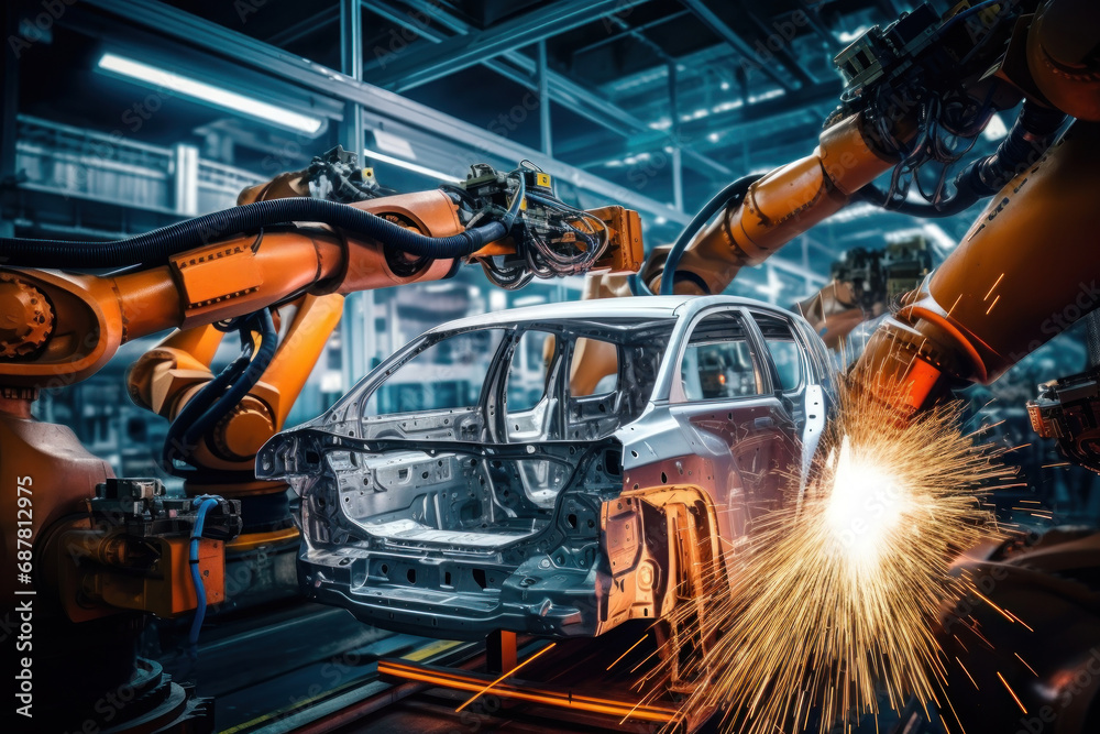 Assembly line for the production of modern cars. Robots weld a car body on a conveyor belt. Automated assembly. Modern technologies. Assembly line for the production of modern cars. Robots weld a car body on a conveyor belt. Automated assembly. Modern technologies.