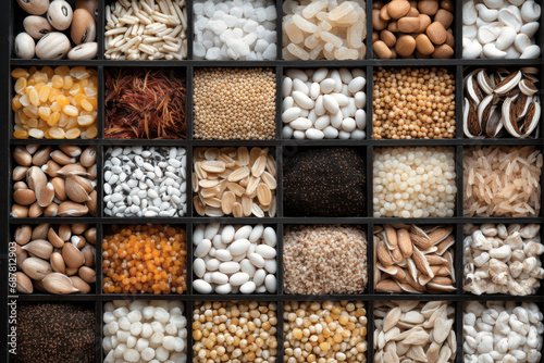 A set of various types of cereals and legumes. Concept of farming and grain expression. Close-up. Healthy eating.