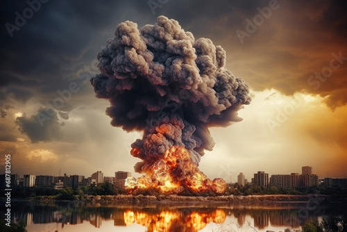 Explosion of nuclear bomb over city. Fire and smoke. Attack on a peaceful city. War