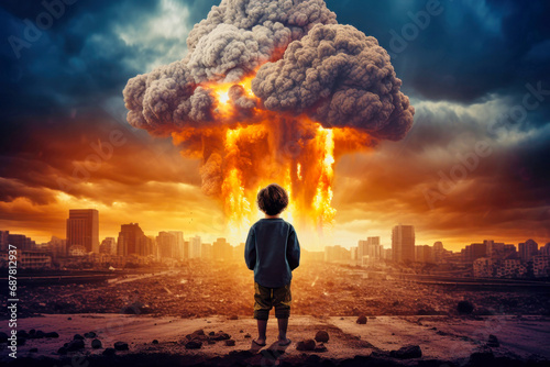 A small child against the background of an explosion and fire. War. A child looks at the fire and destruction of his house.