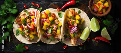Mexican street chicken tacos with fresh veggies and mango, served on a slate board with mango salsa. Top view. photo