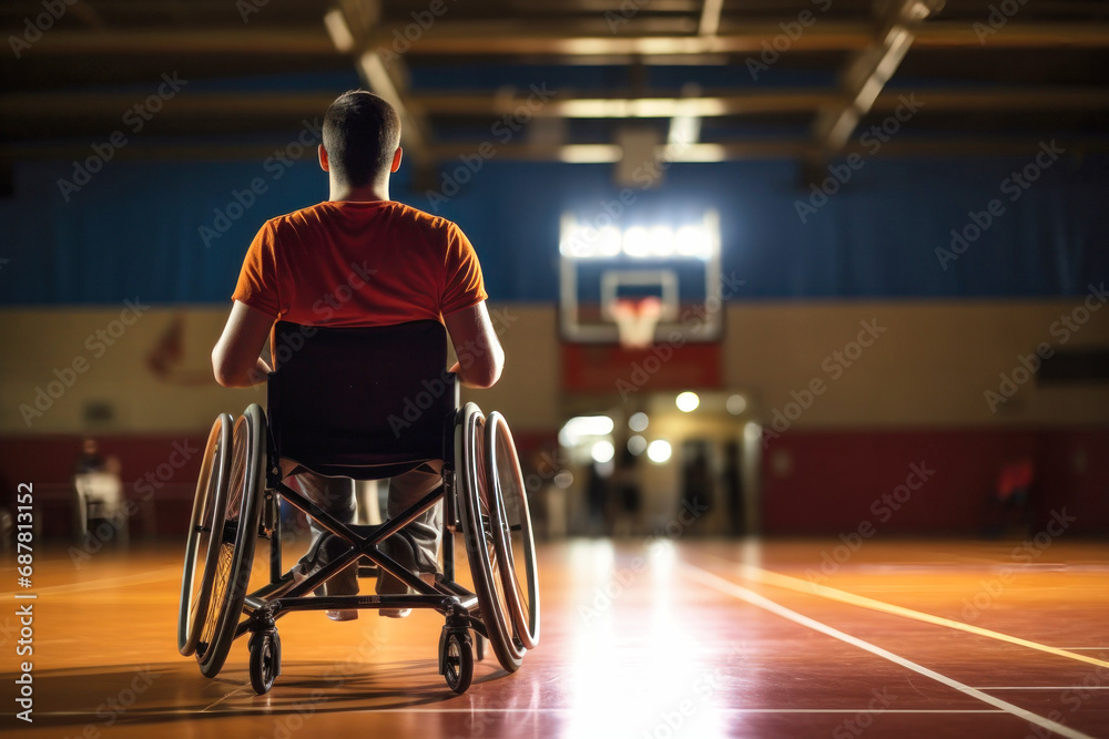 A disabled man in a wheelchair on a sports ground. Sports for people with disabilities. Basketball.