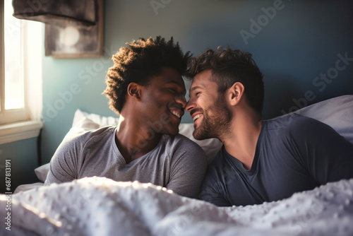 LGBT concept. A loving couple of spirit men lie in bed. Love and romance. two gays. Happy morning for lovers. Valentine's Day.