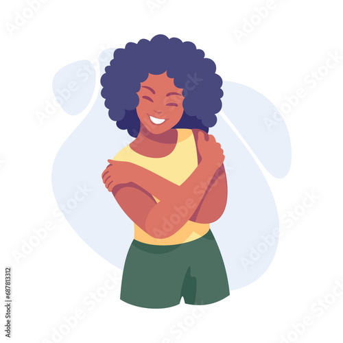 African American Woman Character Hug Herself Taking Care and Show Importance of Oneself Vector Illustration