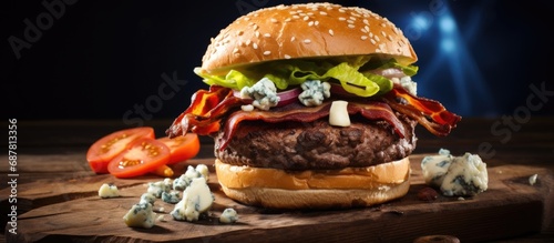 Bleu cheese and bacon on wooden table with gourmet burgers.