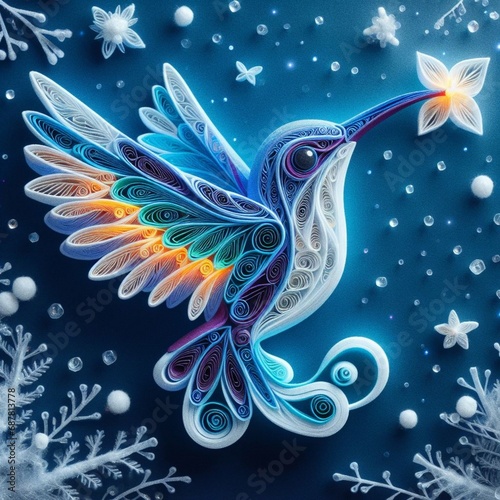 A breathtaking 3D illuminated icy felt quilling bird hummingbird, soaring thr...