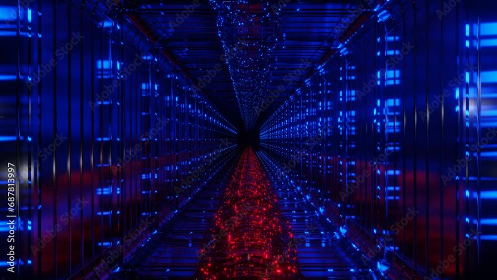 movement inside a square endless tunnel with red and blue backlighting. looping abstract animation. 3d render