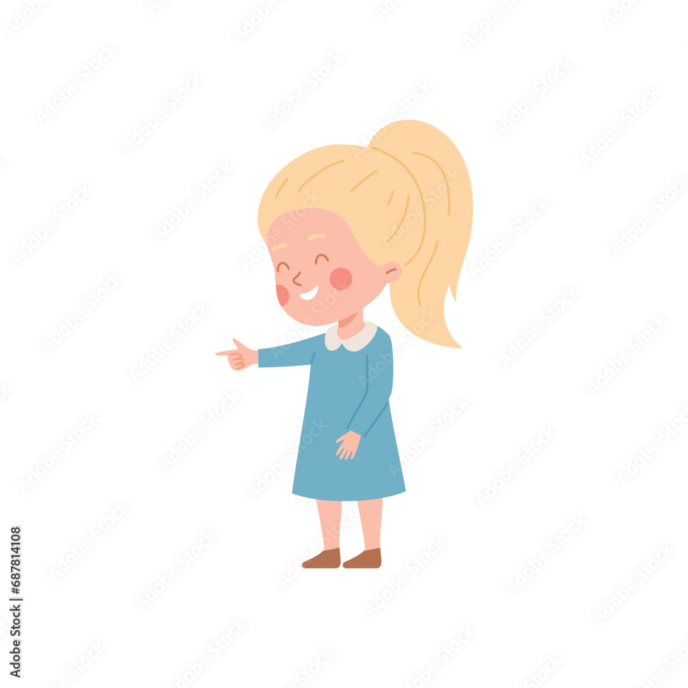 Cute blonde girl hand pointing forefinger on the left side and laughing, vector funny child makes a gesture showing Cute blonde girl hand pointing forefinger on the left side and laughing, vector funny child makes a gesture showing