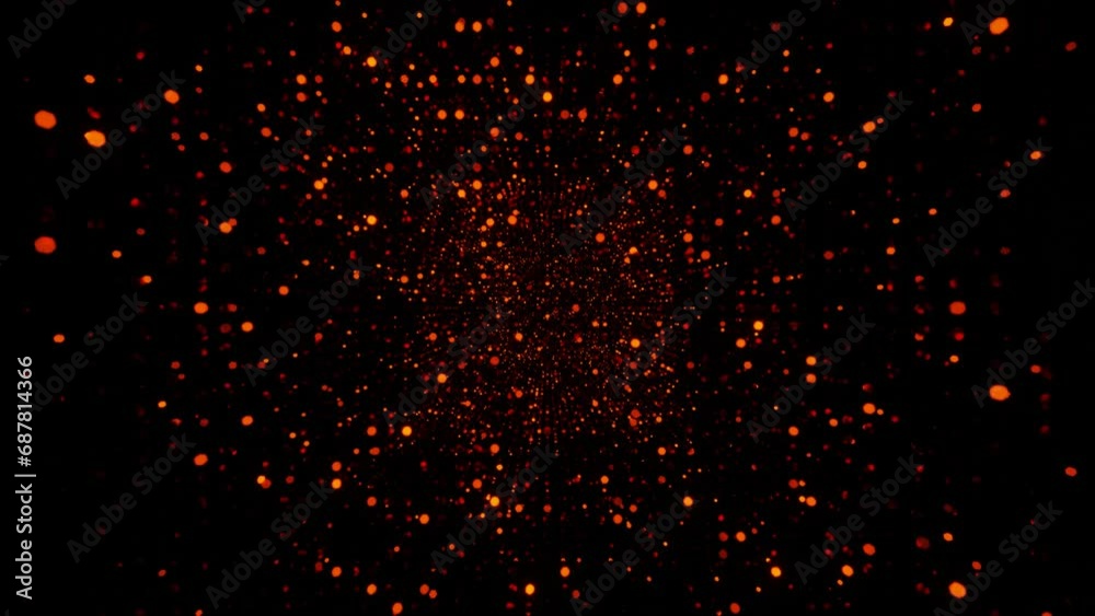 moving forward through particles flashing red-orange on a black background. looping abstract animation. 3d render moving forward through particles flashing red-orange on a black background. looping abstract animation. 3d render