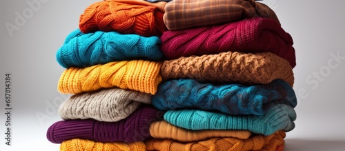 Colorful sweaters piled up, isolated on white background, representing sale and donation. photo