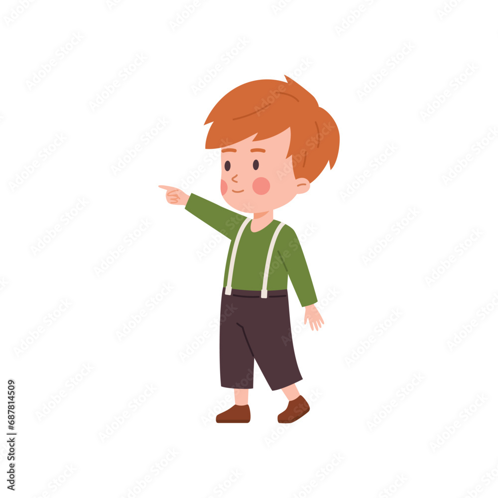 Little boy stretches his hand forward, look behind it and point finger. Little boy stretches his hand forward, look behind it and point finger.