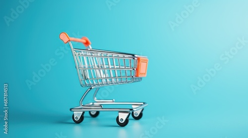 Toy shopping cart with on light blue background, copy space ,Shopping trolley 