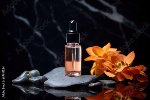 Hydrating serum for skin on marble black backdrop, stones, orchid flowers